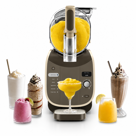 A countertop frozen dessert machine with a dark brown and beige body, shown with several prepared drinks including smoothies, milk shakes, and a margarita on a white background.